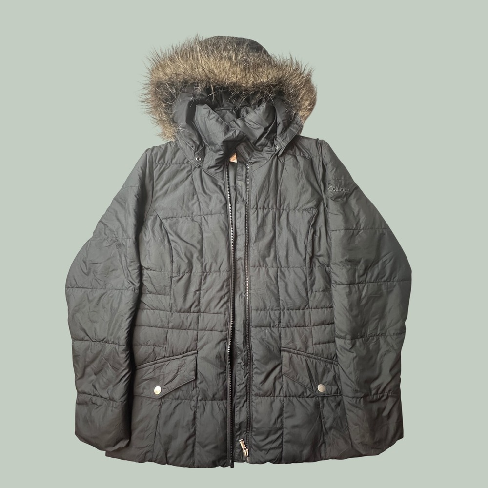 Columbia Puffer Jacket Womens Small WL1147 Black Faux Fur Trim Hooded GOOD